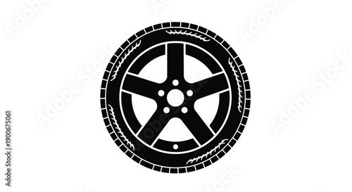 Simple black and white illustration of a car wheel and tire