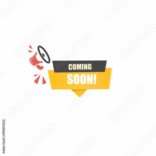 Professional "Coming Soon!" announcement banner featuring a megaphone icon. Minimalist yellow and dark grey vector graphic for product launches, marketing promotions, and event teasers.