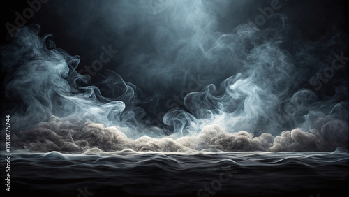 Mysterious dark smoke and fog swirling over water surface background