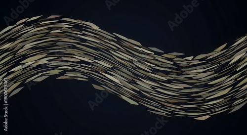 Abstract 3D wave of floating geometric green and gold triangles.