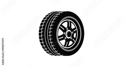 A black and white illustration of a vehicle tire with a silver rim