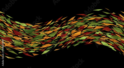 Abstract 3D wave of floating geometric green and gold triangles.