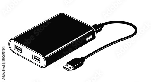 Black external hard drive with usb cable isolated on white background