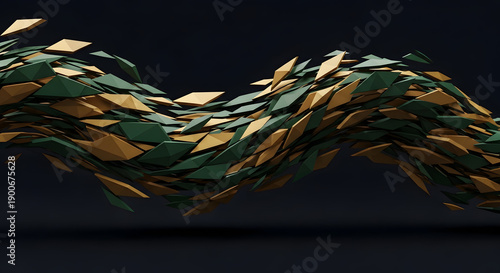 Abstract 3D wave of floating geometric green and gold triangles.