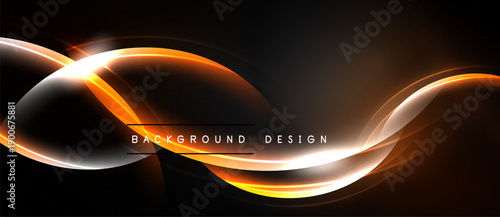 Abstract dynamic lines, orange glow, dark backdrop. Modern design element, smooth curves, energy flow. Visual impact, sleek presentation.