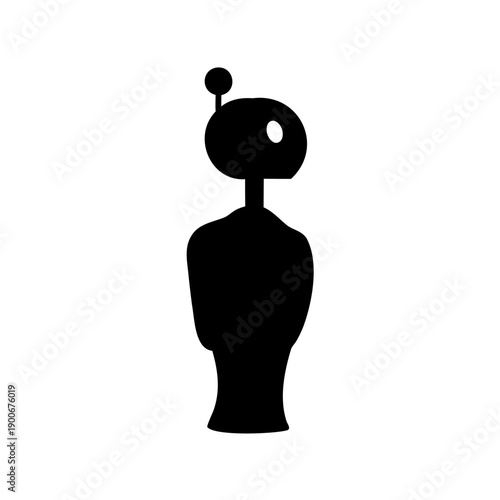 Minimalist black silhouette of a futuristic robot or alien character on a white background Vector, illustration