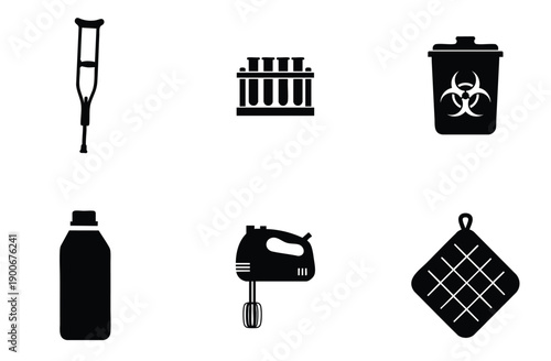 Compilation of medical equipment and home items featuring crutch test tube rack trash bin bottle electric mixer and oven mitt for healthcare and domestic purposes