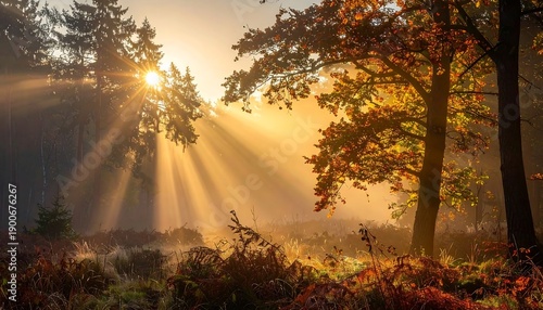 Sunrise streams through autumn trees in a forest, illuminating the landscape with golden light