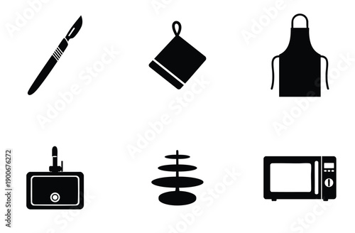 Assortment of medical and kitchen items including scalpel pot holder apron sink tiered stand and microwave oven for diverse applications like surgery cooking and food warming
