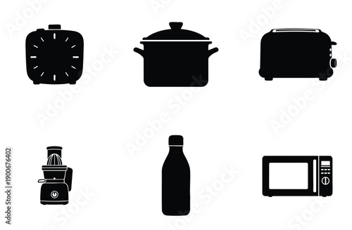 Selection of domestic appliances and kitchen items black and white silhouettes: an alarm clock, cooking pot, toaster, juicer, bottle, and microwave oven