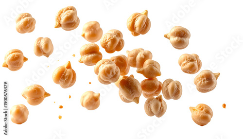 Close-up of multiple pale tan chickpeas, isolated with a transparent background