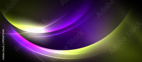 Abstract waves, vibrant colors, light flare. Purple, yellow hues blend, creating dynamic visual effect. Smooth curves dominate composition.