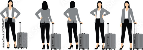 Businesswoman, travel, illustration, professional, female, entrepreneur, suitcase, luggage, airport, journey, corporate, fashion, standing, poses, vector, design, modern, business, woman, travel