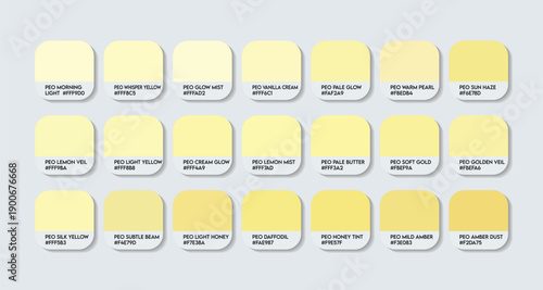 Light Yellow Color Guide Palette with Color Names. Catalog Samples Light Yellow with RGB HEX codes and Names. 21-color Light Yellow palette Clothing Colors Palette Vector, Light Yellow Paint Colors