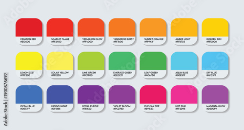 Rainbow Color Guide Palette with Color Names. Catalog Samples Rainbow shades with RGB HEX codes and Names. 21-color Rainbow palette Clothing Colors Palette Vector, Rainbow Paint Colors tone Palette