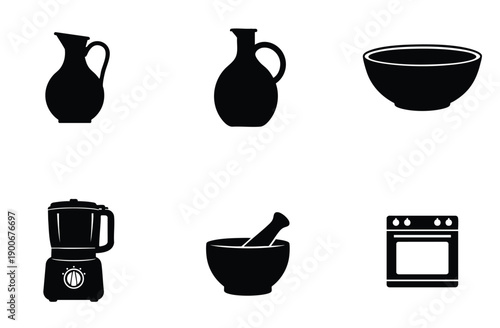 Measuring cup kitchen utensil vector illustration, oven mitt pot holder vector, and salt shaker or spice dispenser black and white vector illustration set