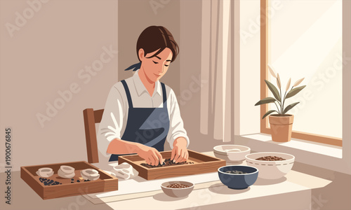 Hand Sorting Loose Leaf Tea in Cozy Home Workshop