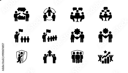 Teamwork and collaboration icons showcasing leadership, communication, and achievement in business settings