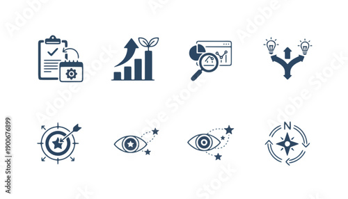 Concept collection of strategic business icons representing planning, analysis, growth, vision, and directional guidance for organizational success, innovation, and goal achievement