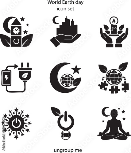 Earth hour day icon set