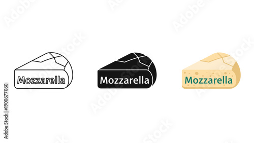 Three variations of the mozzarella cheese logo are shown in different colors and styles. Vector