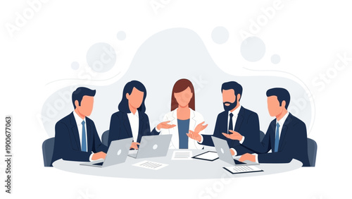 Diverse Business Team Meeting Around Table Discussing Ideas with Laptops