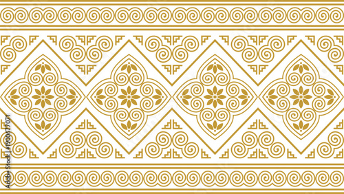 Seamless, traditional Hmong tribal pattern in gold, featuring geometric designs and cultural ornaments. Ideal for fashion fabrics, gift wrapping paper, stationery, and decorative surfaces.