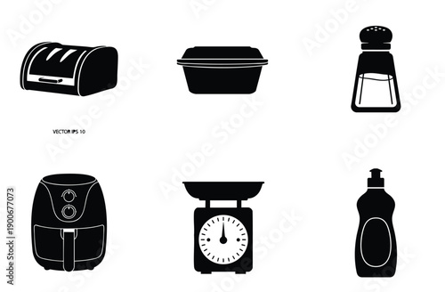 Group of kitchen appliances and containers including bread bin food container salt shaker air fryer kitchen scale and dish soap dispenser for home use