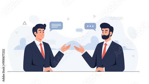 Two businessmen in suits discussing ideas with speech bubbles, flat design