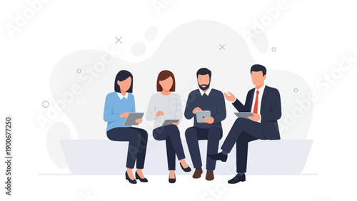 Diverse team collaborating on tablets, modern business meeting concept