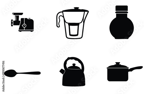 A diverse set of kitchen and dining items represented as black silhouettes, including a meat grinder, water filter, bottle, spoon, kettle, and saucepan