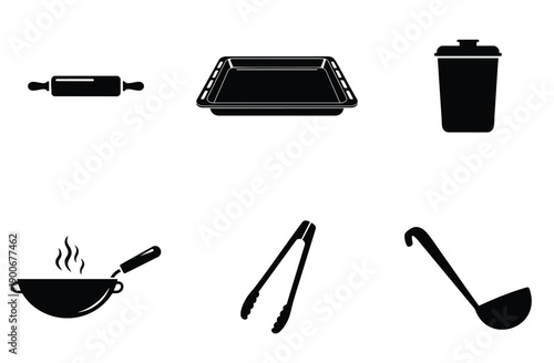 A collection of black silhouette kitchen utensils including a rolling pin, baking pan, and trash can perfect for various cooking-related design projects