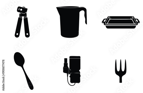 Assorted kitchen and medical equipment icons, featuring can opener, large jug, baking dish, spoon, ultrasound device, and fork, black silhouette style.