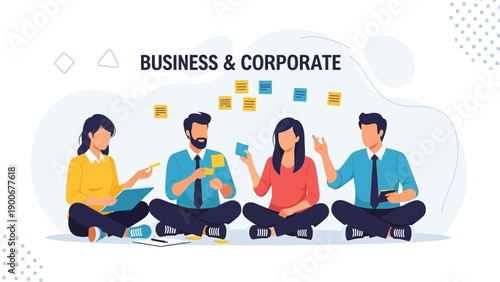 Diverse team brainstorming ideas, planning strategy, teamwork, corporate meeting, flat illustration