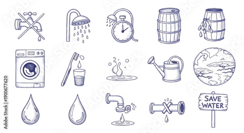 Eco-friendly water conservation doodle icons set. Illustrating sustainable daily habits for responsible resource management and a greener planet