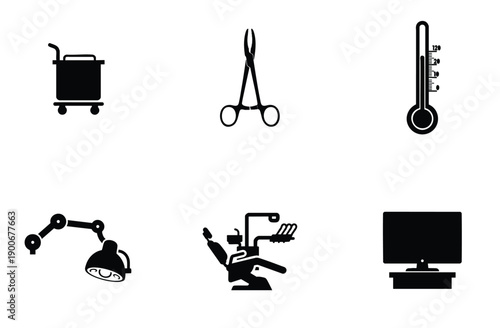 Set of medical instruments and equipment icons, including cart, scissors, thermometer, lamp, dental chair, and computer monitor, black silhouette collection.