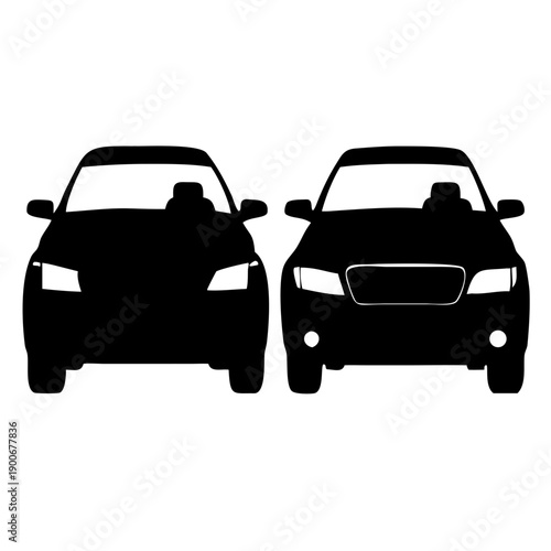 Front View Silhouette of Two Modern Passenger Cars Vector Icon for Automotive and Transport Design