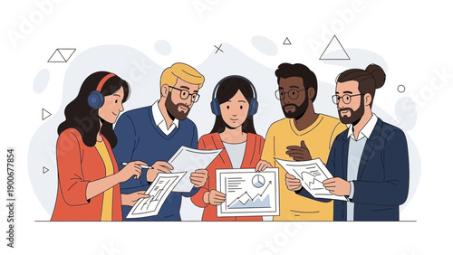 Diverse team collaborating on business strategy, analyzing reports and charts