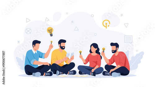 Teamwork and Innovation: People Brainstorming Ideas with Lightbulb Concepts