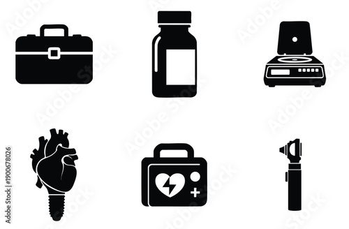 Medical equipment flat icon set showcasing various essential tools used in hospitals and clinics including doctor's bag, medicine bottle, and laboratory scale