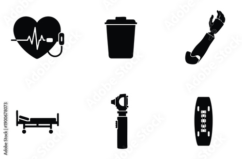 Medical equipment flat icon set highlighting various essential tools used in hospitals and clinics including heartbeat monitor, hospital bed, and otoscope