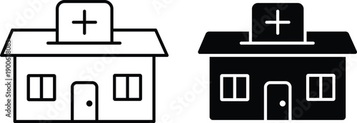 Medical Clinic Building Hospital Architecture Healthcare Facility Emergency First Aid Treatment Center Healthcare Infrastructure Vector Silhouette and Pictogram Icon Set