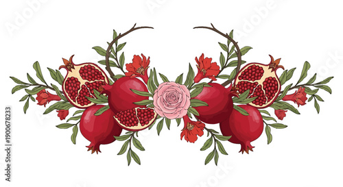 Pomegranate and flower border, pomegranate illustration, fruit decoration, floral design element, for banner or poster, isolated on transparent background, png