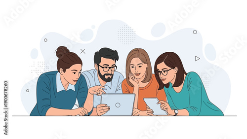 Diverse team collaborating on digital tablet, brainstorming ideas, teamwork illustration