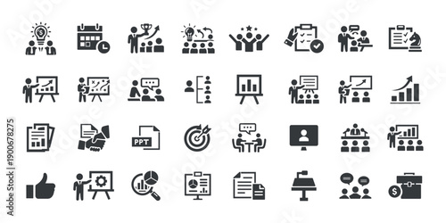 Business presentation and corporate training solid icons set. Meeting, seminar, analytics, chart, strategy, planning, report, teamwork, growth. Filled vector