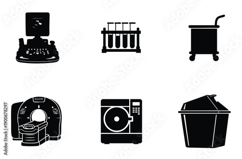 Medical ultrasound machine vector icon and test tube rack laboratory glassware black and white graphic design element on isolated background