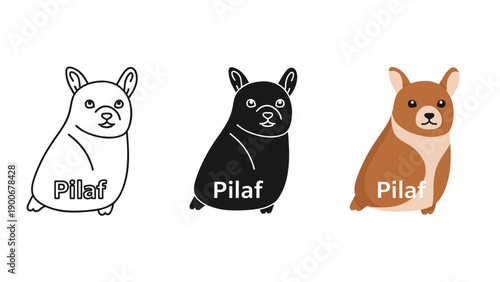 Three illustrations of a french bulldog named pilaf Vector