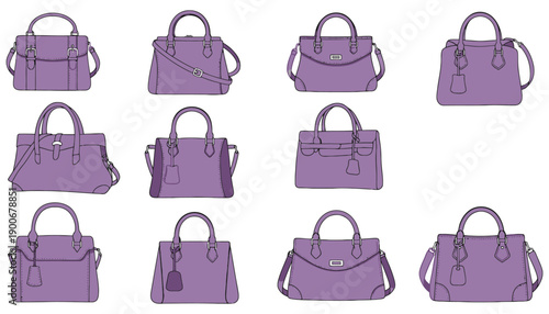 A collection of various purple handbags on a white background