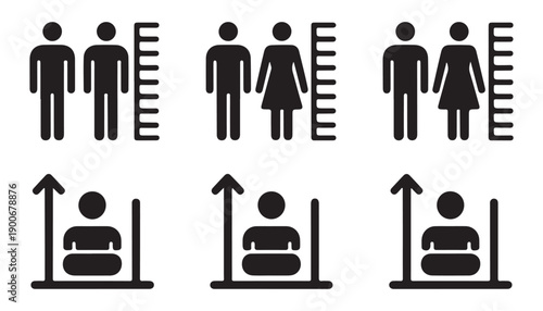 Black and white human height measurement icons set for medical assessment and growth tracking design