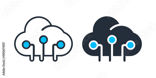 Cloud Computing Icon Set with Network Nodes, Data Storage, Cloud Technology and Digital Connection Concept, Line and Solid Style Vector Illustration